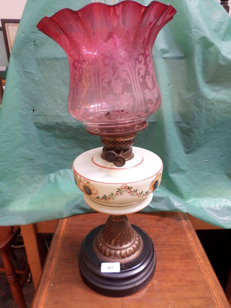 Fine Victorian oil lamp on brass and circular black marble base,