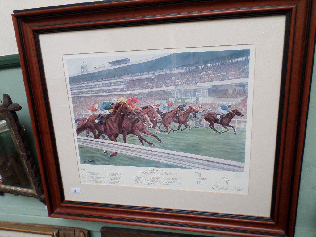 Large coloured print of Buckingham's Racecourses of Britain of The Finish at Ascot,