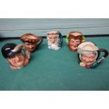 5 miniature Royal Doulton character jugs incl. Gone away, Sairey Gamp, Neptune etc.