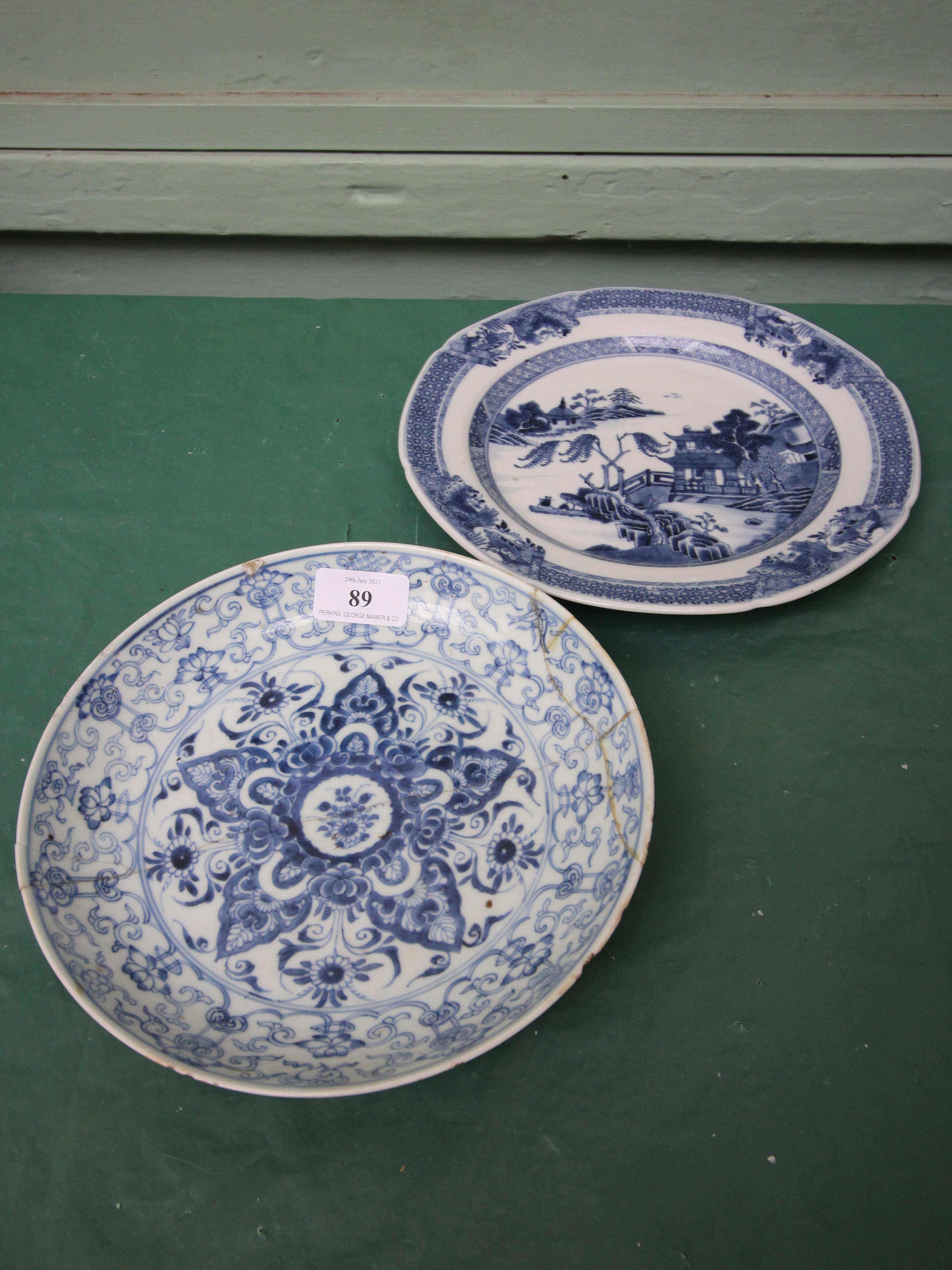 2 early 18th century Chinese blue and white plates, 1 repaired,