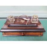Portable rosewood desk tidy with plated corners and handle inset single drawer with 2 glass ink
