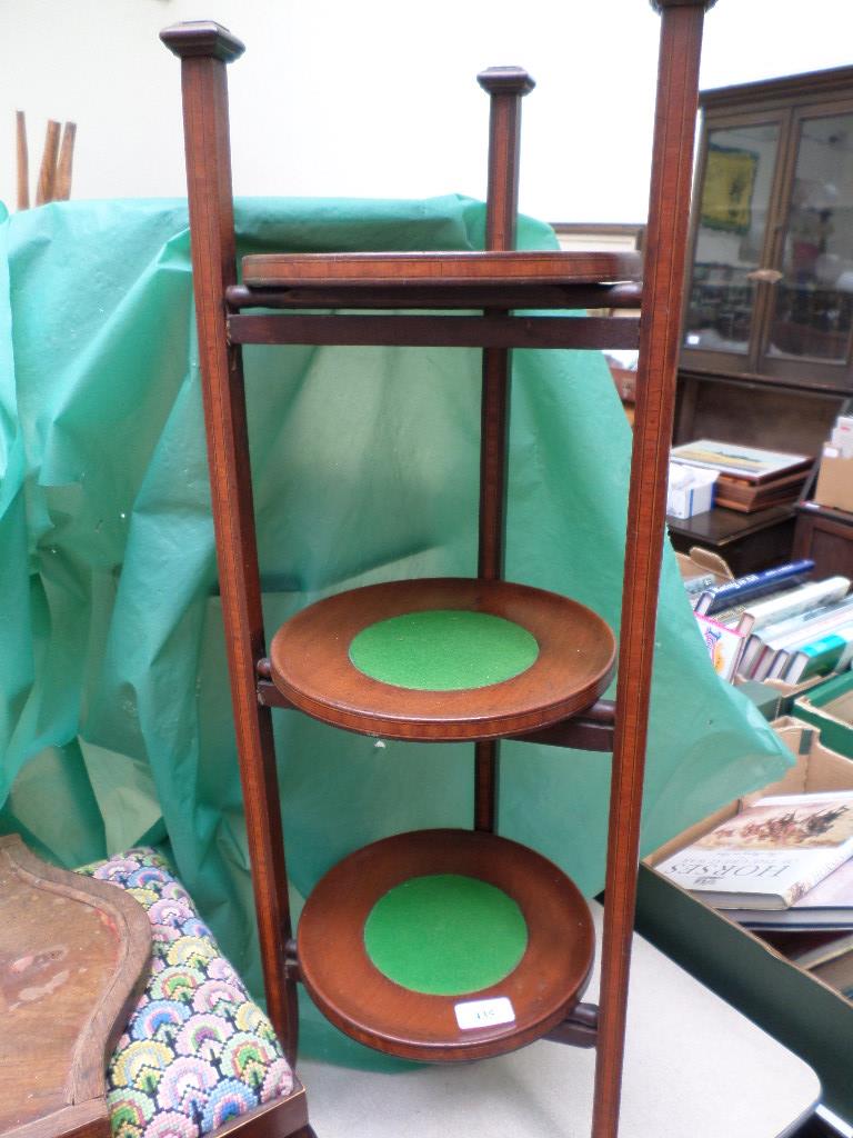 3 dish mahogany tea stand each with green beige inset