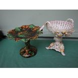 Leaf shaped Majolica Compote (autumn colours) and a circular handled Dresden compote on raised