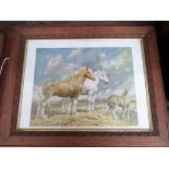 Pair of oak framed prints of Shires, a Keith Aspinall military print 'Trouble Brewing' etc.
