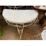 Wrought iron semi-circular garden table inset mottled white marble top