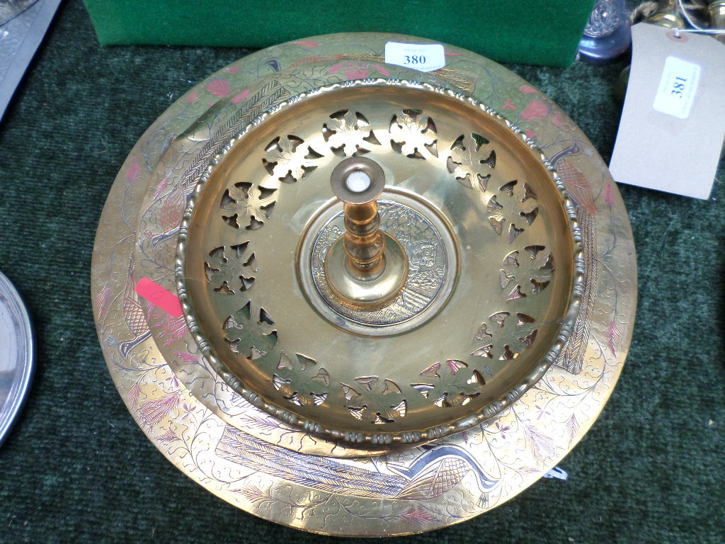 2 ornate circular brass trays,