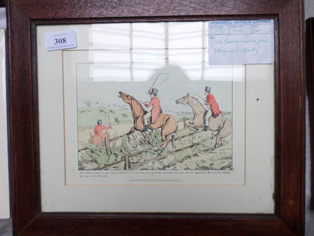 Oak framed coloured hunting print 'Getting into Difficulty' another similar unframed 'Getting Dead - Image 5 of 6