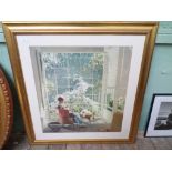 Large gilt framed coloured print of a seated young lady enjoying her needlework