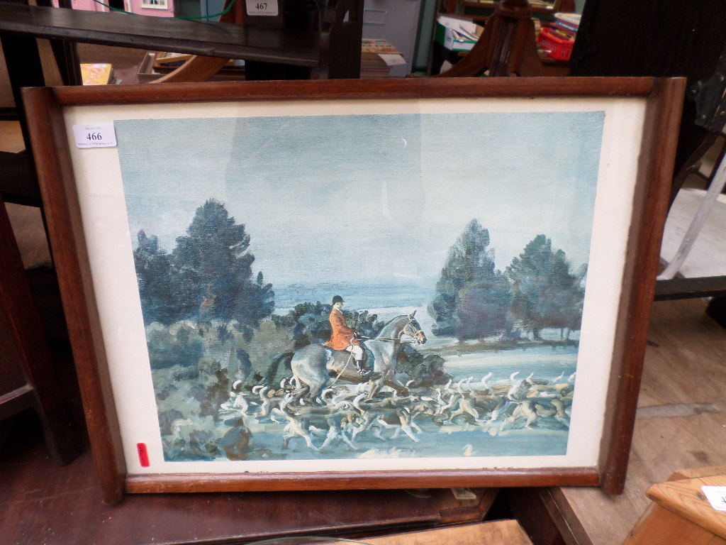 Large oak framed rectangular tray inset print of mounted Huntsman with Hounds at foot