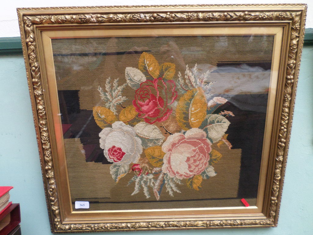 Delightful framed embroidery of a bowl of coloured roses in decorative gilt frame