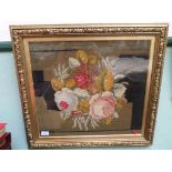 Delightful framed embroidery of a bowl of coloured roses in decorative gilt frame