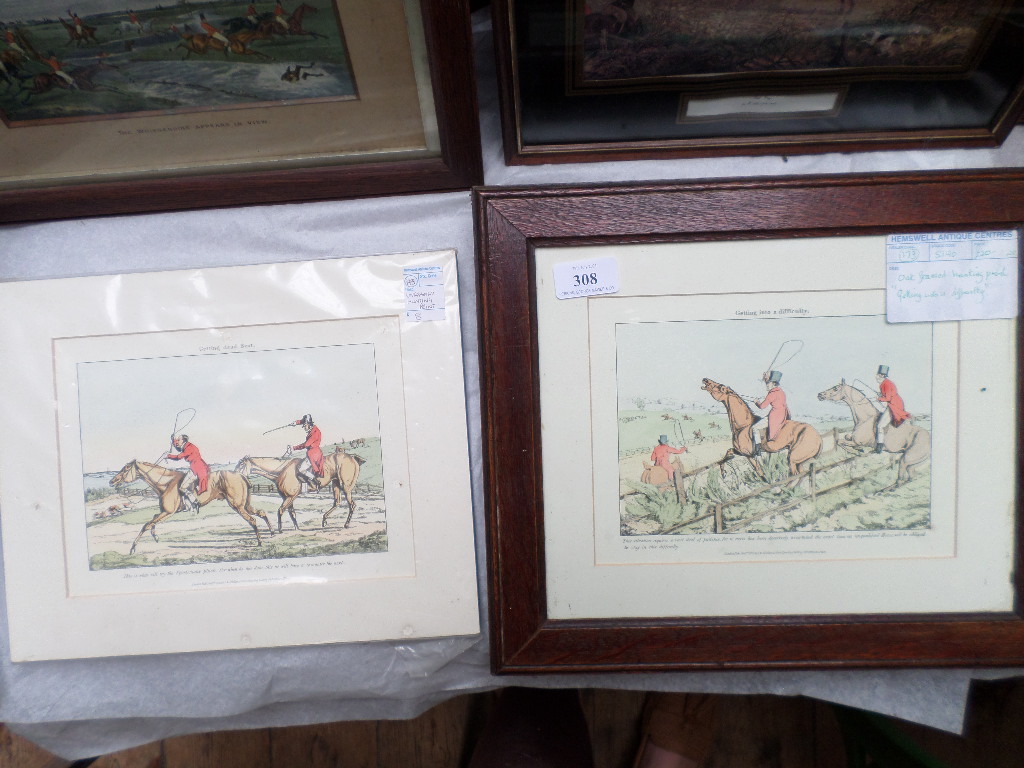Oak framed coloured hunting print 'Getting into Difficulty' another similar unframed 'Getting Dead