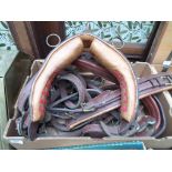 Box of light brown leather pony tack incl.