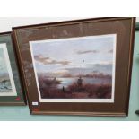 Framed and signed John Thickett print of Wild Fowlers with ducks in flight