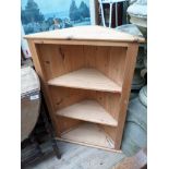 Pine 3 shelf corner display unit (Guide Price £20 - £30) INTERESTING COLLECTABLE'S INCLUDING DOLLS