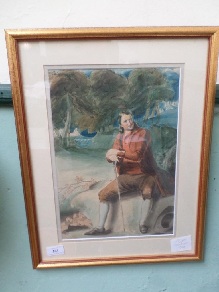 Gilt framed print of a seated gentleman on a stone beside forest glade