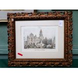 Framed riverside print and another gilt framed coloured print of Notre Dame Cathederal