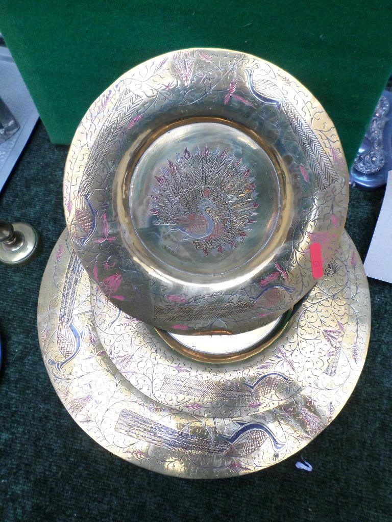 2 ornate circular brass trays, - Image 2 of 3