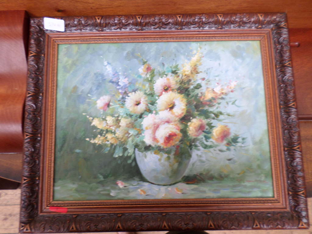 Framed coloured still life floral oil on canvas,