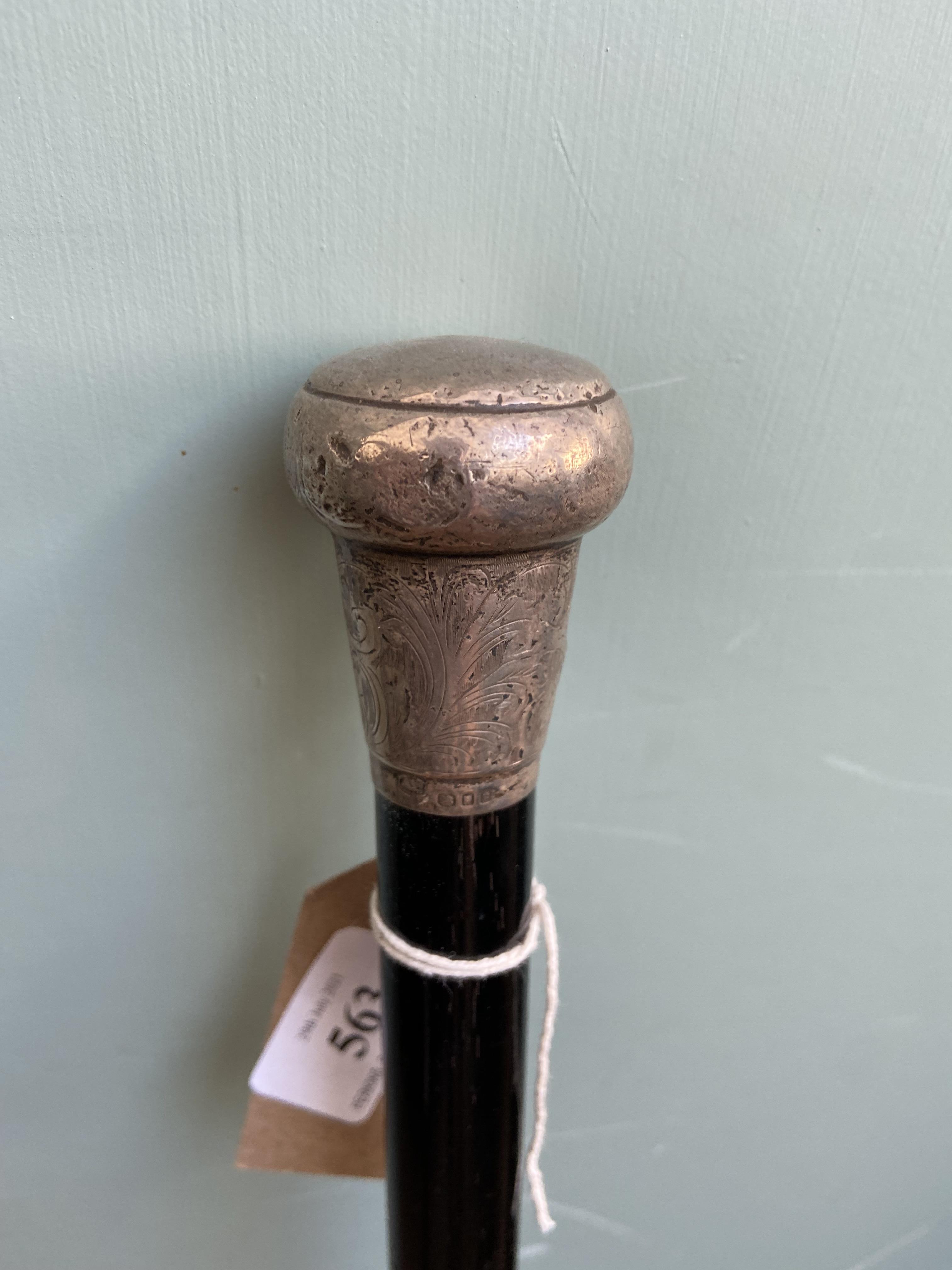 Ebony late Victorian walking cane with silver handle and collar - Image 2 of 2