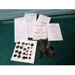 Collector's lot incl. card of military buttons, shell cases, early local sale particulars etc.
