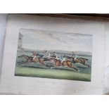 4 unframed coloured racing prints and another circular black and white print of parlour scene