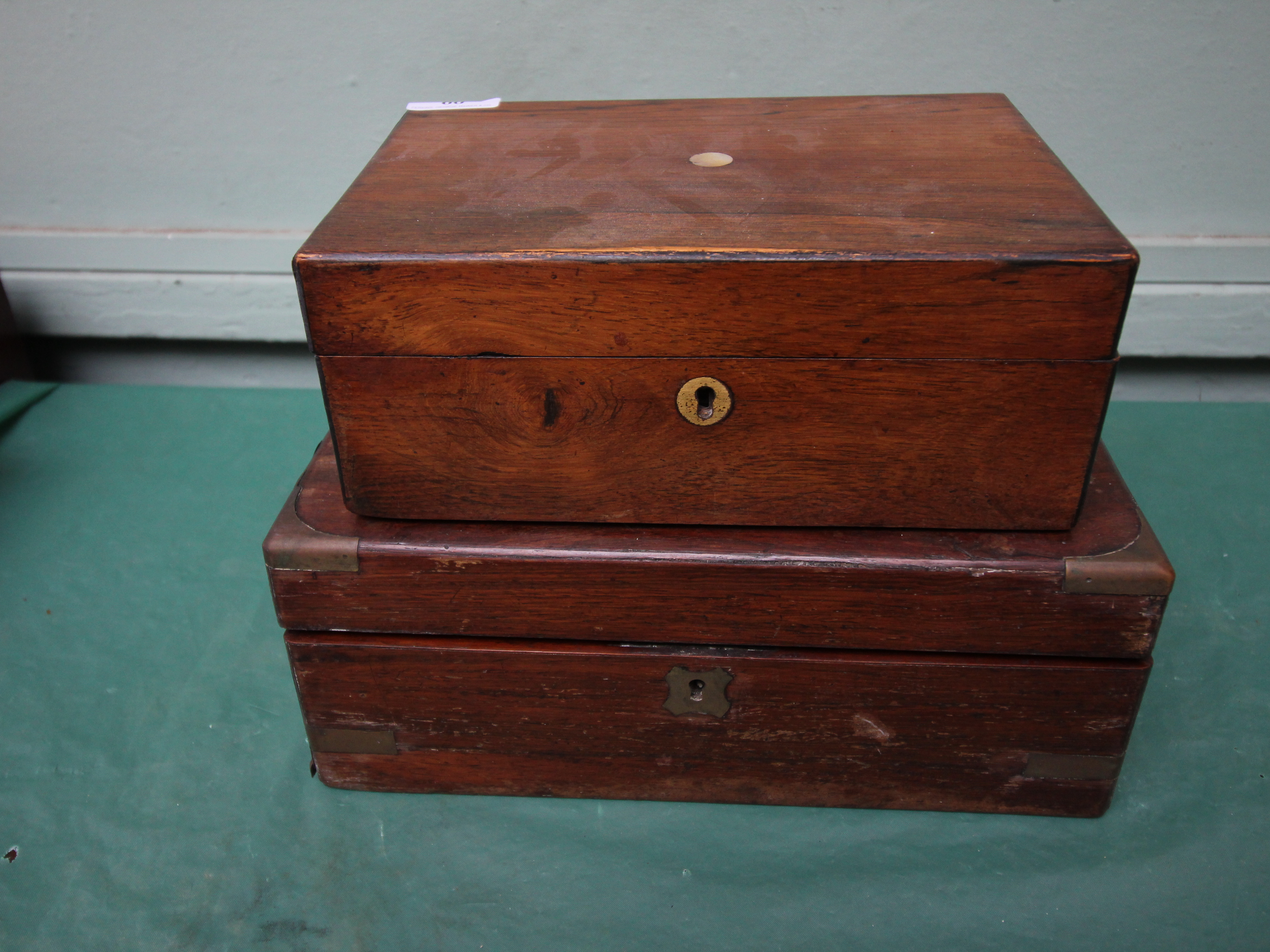 Rosewood jewellery box with mother of pearl inlay and an oak and brass hinged writing box