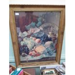 Large ornate still life print in gilt frame of a bowl of mixed fruit