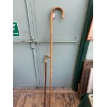 Long handled Shepherds crook and another with brass horse head handle