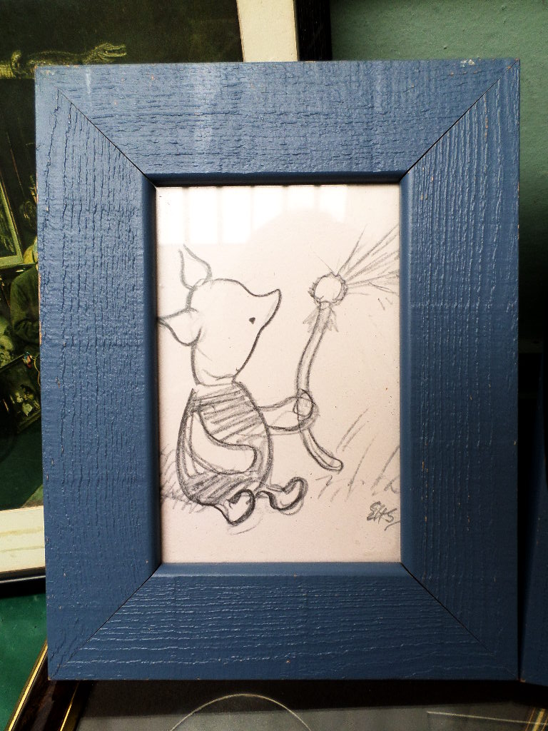 2 framed Winnie the Pooh pencilled drawings signed EHS, framed prints, picture frame etc. - Image 2 of 3