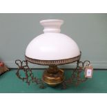 Brass hanging oil lamp with clouded glass shade and brass weight