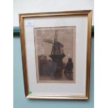 Gilt framed signed sepia print of a windmill