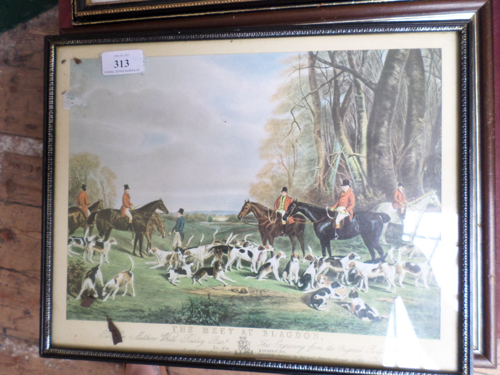 2 coloured hunting prints 'Up and Over' and 'The Meeting at Blagdon' and 2 other coloured hunting