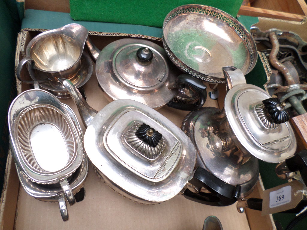 7 pieces of plateware incl. 4 piece tea service, bon-bon dish on raised plinth etc.