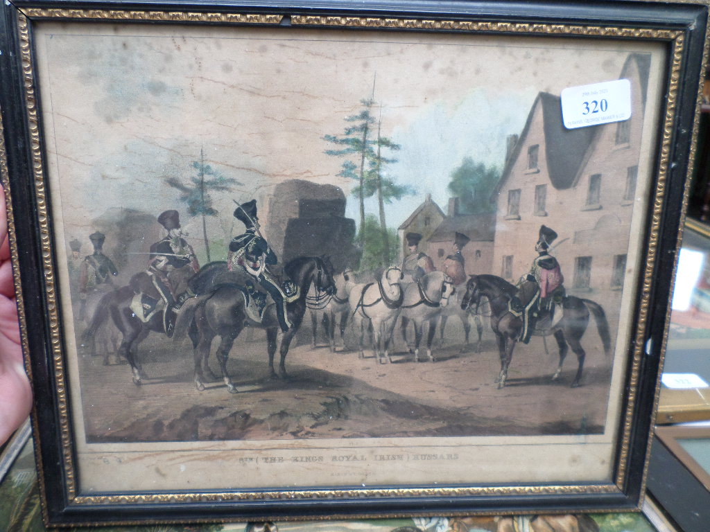 Ebony and gilt framed coloured print of country house scene,