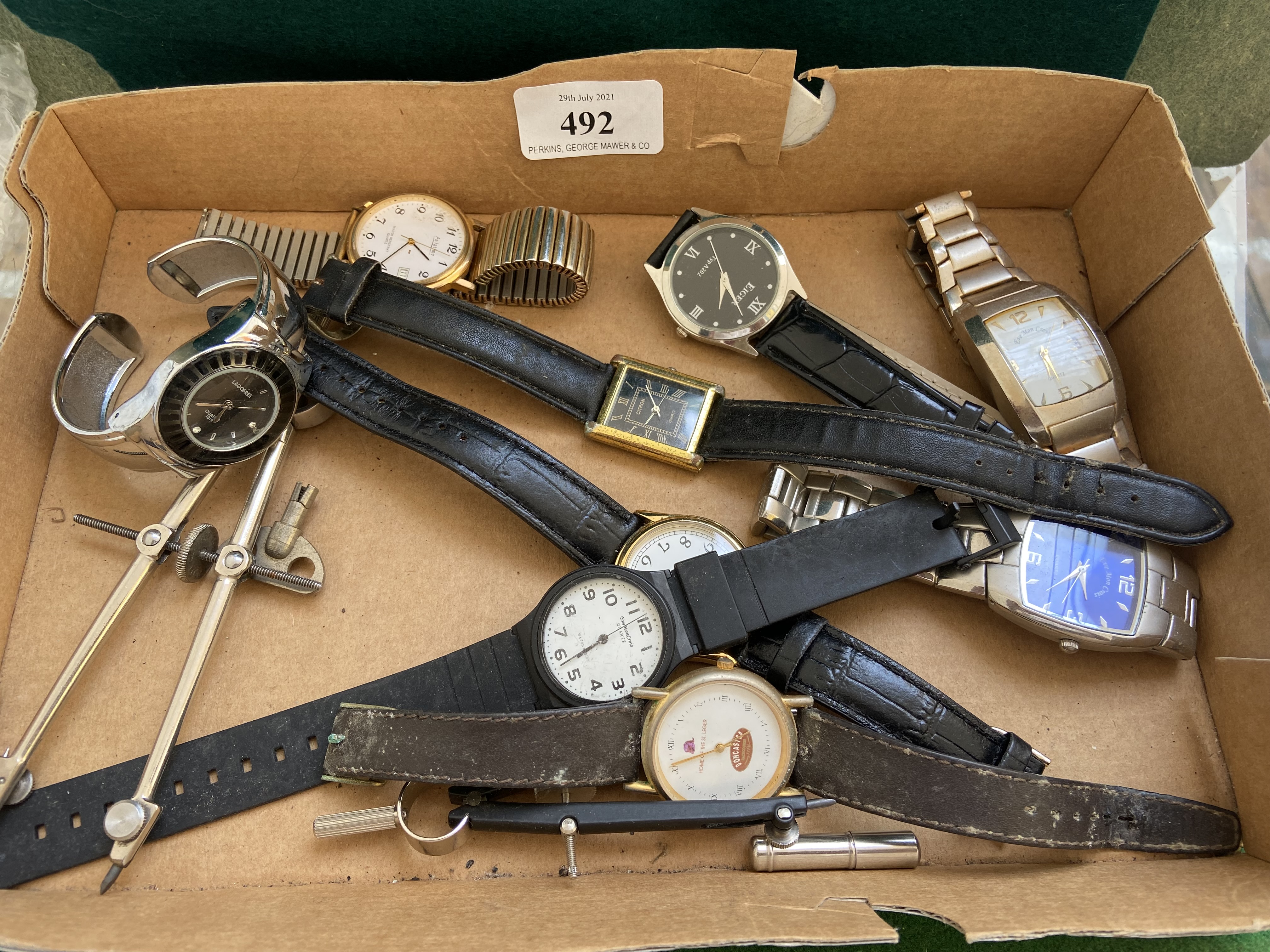 8 various gentleman's wristwatches, 2 boxes of drawing instruments etc.