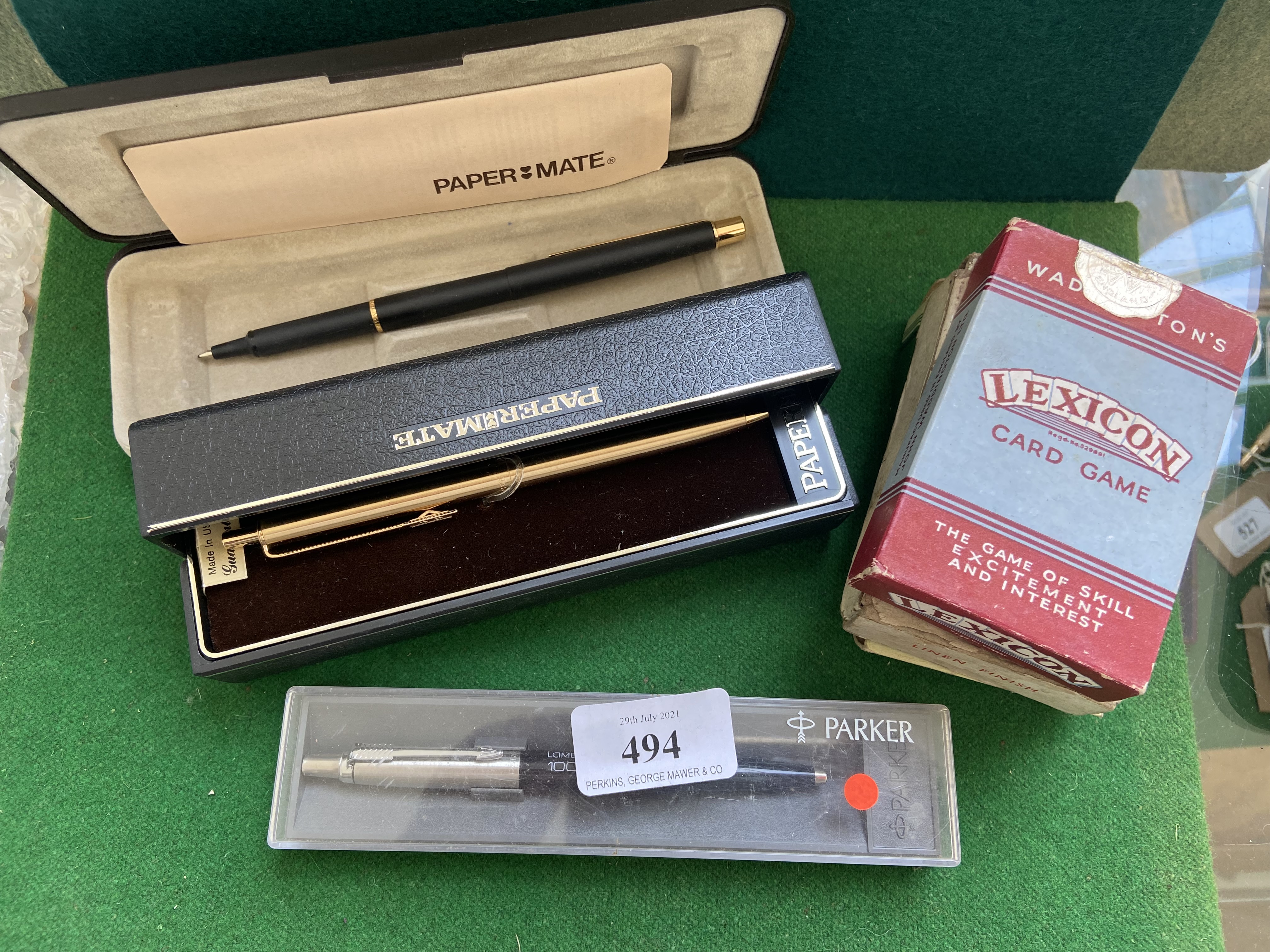 2 Paperweight pens and an unused Lambert & Butler Parker biro in original boxes and 3 sets of