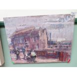 Modern unframed oil on board by the Lincolnshire Artist Robert Mackan of urban scene