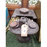 Set of early brass and metal kitchen scales with weights