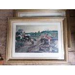 Gilt framed coloured print of a mounted huntsman and another gilt framed signed print 'Don't Move