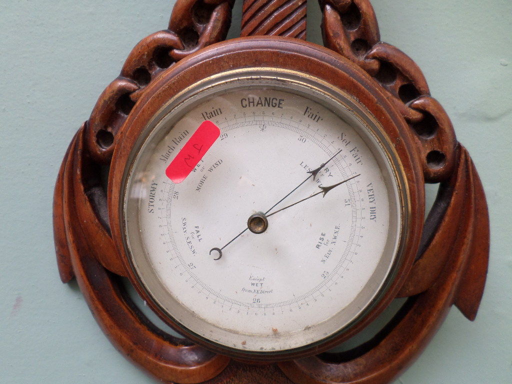 Carved oak cased wall aneroid barometer - Image 2 of 2