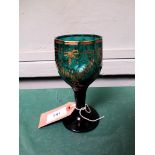 Georgian green glass gilded wine goblet faceted on stem and bowl (5 1/2" high)