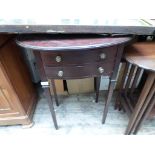 Mahogany bow fronted side table fitted 2 small drawers with brass circular handles on delicate