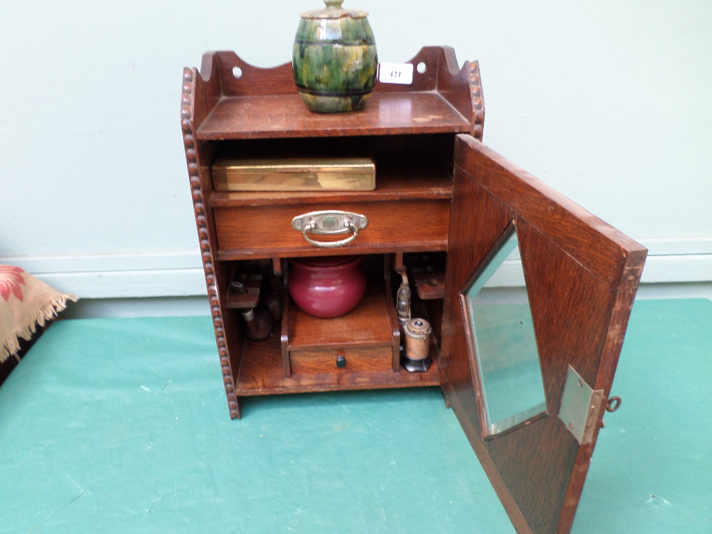 Oak smokers cabinet inset glass diamond bevel edged glass door and contents incl. - Image 2 of 3