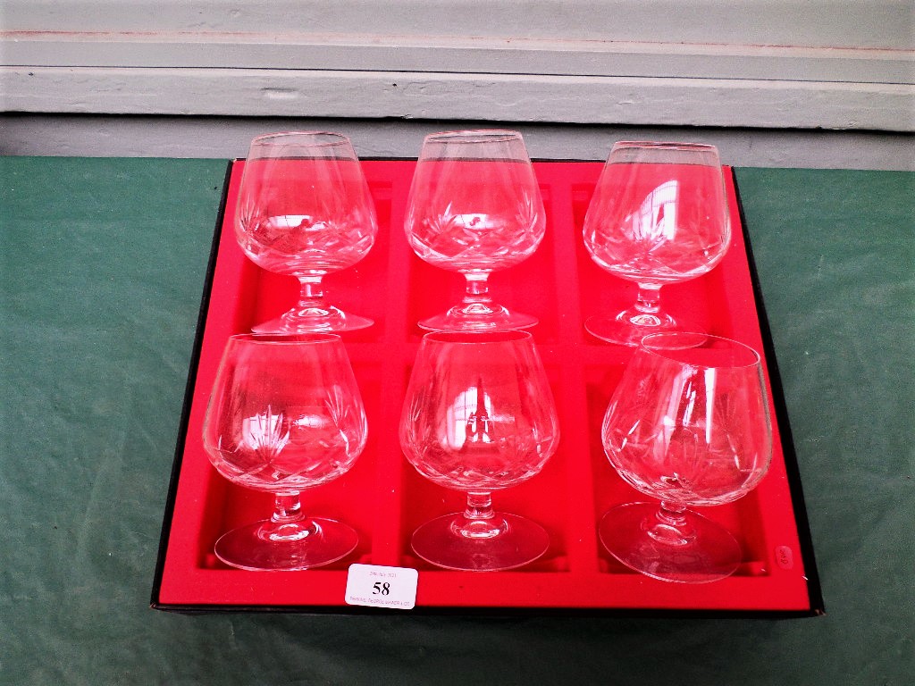 Unused set of 6 cut glass brandy goblets in presentation box