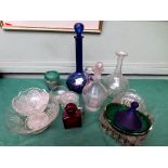 Sel. of coloured and other glass ware incl. cobalt blue glass decanter, green glass oval bowl etc.