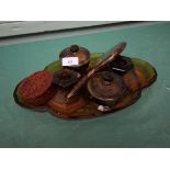 5 piece amber glass dressing table set together with tortoise shell backed hand mirror and a brown