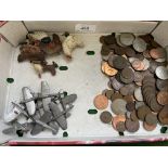 Sel. of mixed coins, principally early QE II, small metal aeroplanes, farmyard chickens etc.