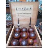 FINE BOXED SET OF 8 (2 x 4) LAWN BOWLS AND 2 JACKS IN THEIR ORIGINAL IRON HINGED STORAGE BOX EX.