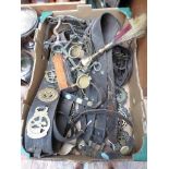 Selection of heavy horse tack incl. bits, brass leathers, mounted plume etc.